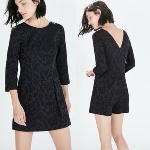 Zara Basic S Navy Blue Black Animal Print Jacquard 3/4 Sleeve Dress Romper